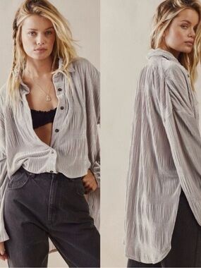 Free People FP My Favorite Shirt Womens XS Gray Velvet Smocked Button Down Top